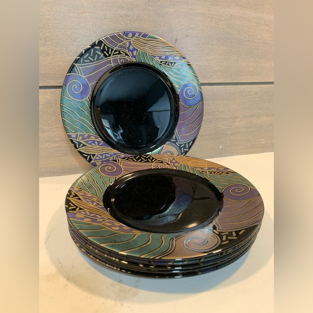 Arcoroc Tampico Salad Plates Art Deco Inspired Black Multi Pattern Set of 6 VTG
